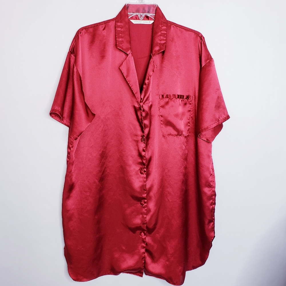 Victoria's Secret Satin Short Sleeve Button-Up Sleepshirt in Deep Red